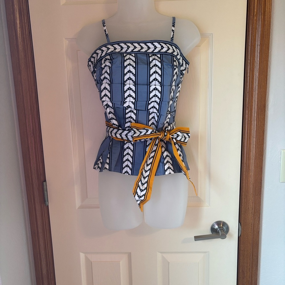 White House Black Market Blue, White & Yellow Striped Tie-Waist Camisole Top
